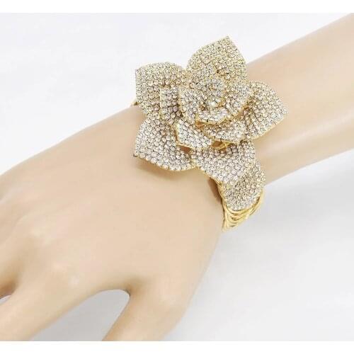Fashion Gorgeous Rose Flower Inlaid Diamond Open Bracelet Jewelry Flower Carving Crystal Sparkling Bridal Wedding Bracelet