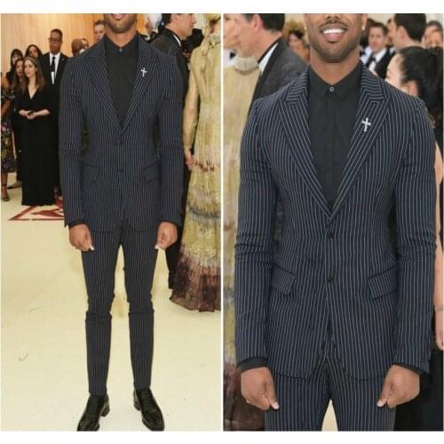 High Quality Black Striped Two Button Business Men Suits 2 Pieces Slim Fit Tuxedos Groom Prom Wedding Suits For Men Jacket+Pants