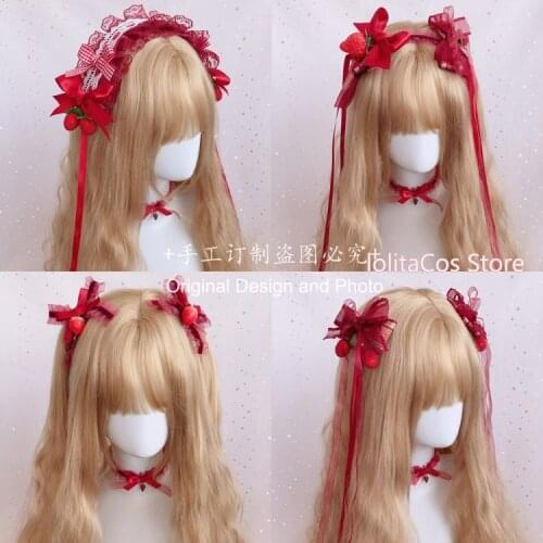 Kawaii Sweet Cute Berry Strawberry Jam Lolita Red Hairpin Soft Sister Cosplay Japanese Style Lace Bow Hair Band Headdress