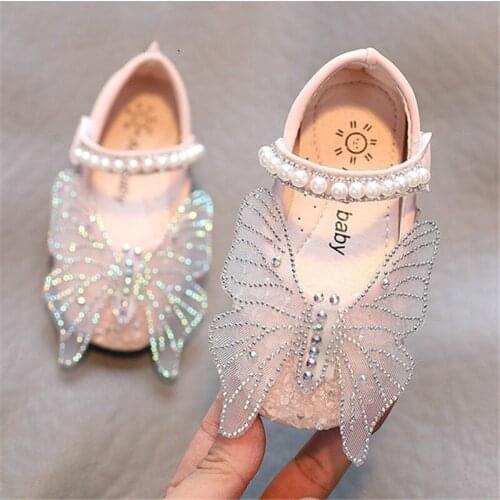 Toddlers Baby Girls Shoes Kids Leather Shoes For Wedding Party Performance Lace Butterfly Rhinestone Bling Pearls Beading