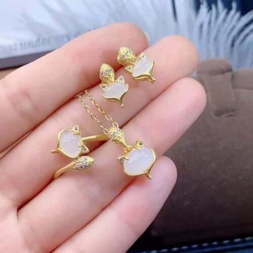 Natural White Jade Fox Shape Earrings Rings Pendant Necklace Set S925 Silver Fine Fashion Lovely Jewelry for Women Free Shipping