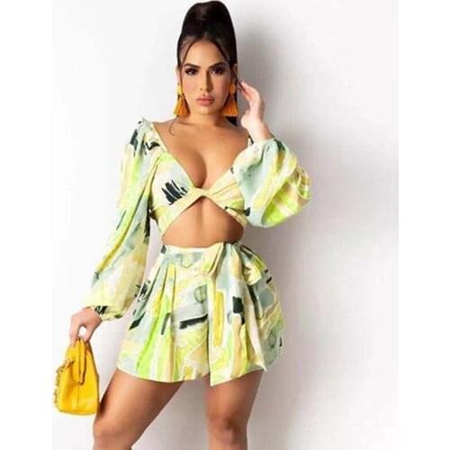 Holiday Summer Printed Vacation Outfits for Women Lantern Long Sleeve Crop Top Pleated Mini Skirt Set Sexy Two Piece Dress Sets