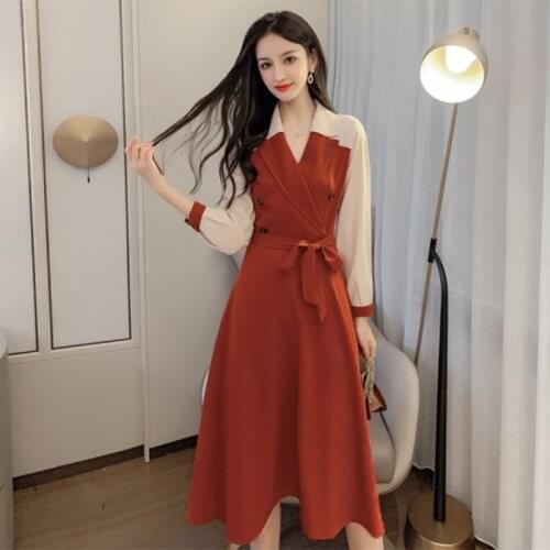 Bella philosophy 2020 spring women sashes turn down collar dress office lady double breasted A-line dress Patchwork Vestidos