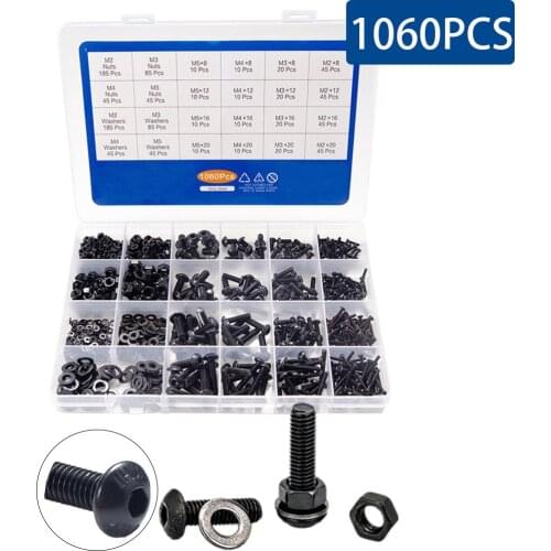 1060PCS/Box Grade 10.9 Carbon Steel M2-M5 Round Head Hexagon Hex Socket Head Button Allen Bolt Screw With Nuts Assortment Kit