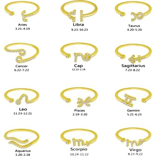 12 Constellation Ring For Women Rhinestone Adjustable Zodiac Sign Open Rings Gold Silver Color Couple Constellation Jewelry Gift