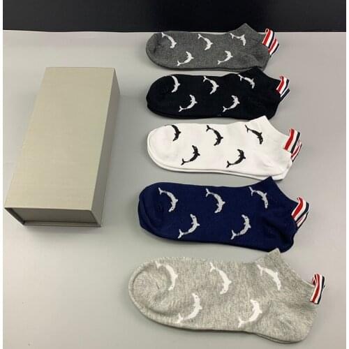 2021 Fashion TB Brand Men Women Cotton Striped Dolphin Pattern No Show Casual Sports Crew Socks Ins 5 Pairs