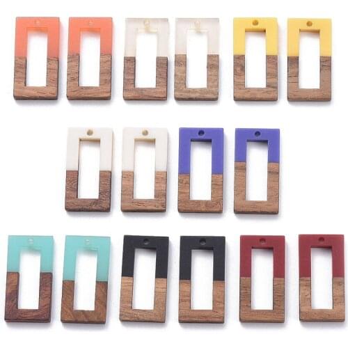8 Colors Resin & Walnut Wood Pendants Rectangle Mixed Color 2pcs/color 16pcs/set
