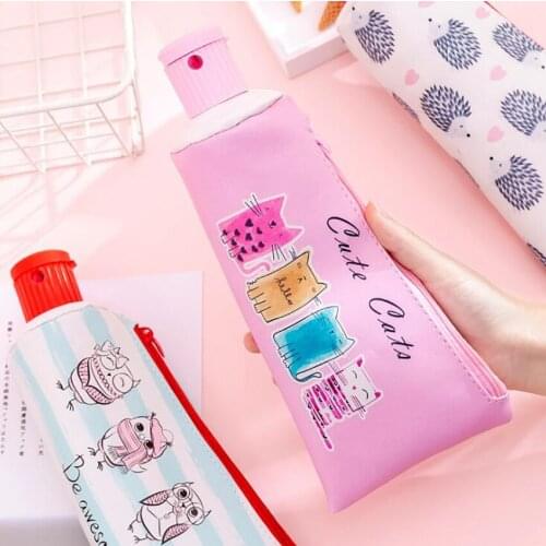 Imitation Leather Toothpaste Shape Pencil Case with Pencil Sharpener Cute Cartoon Animal Storage Bag for Pens Pencils Stationery