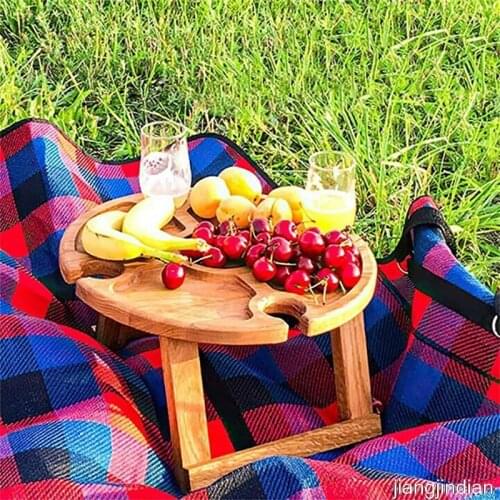 Wooden Outdoor Folding Picnic Table With Glass Holder Round Foldable Desk Wine Glass Rack Collapsible Table