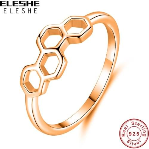 ELESHE Minimalist 925 Sterling Silver Rings Engagement Wedding Rose Gold Honeycomb Ring For Women Fashion Jewelry Christmas Gift