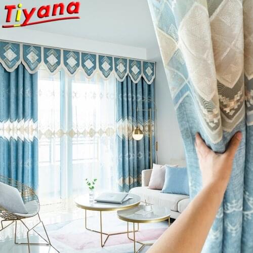 European-Style High-End Chenille Embroidery Curtains for Living Room Luxury Blue Diamond Lattice Embroidered CurtainsX-HM459 *NT
