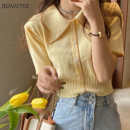 T-shirts Women Fashion Slim All-match Summer New French Style Elegant Knitted Solid Puff Sleeve Sweet College Female Crop Tops