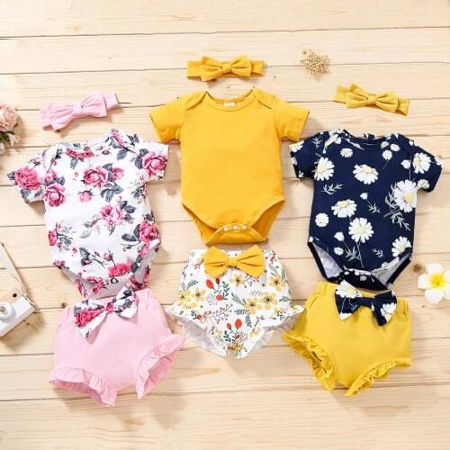 Baby Summer Clothing Newborn Infant Baby Girls Floral Tops Jumpsuit Romper+Cotton Shorts Pants Headband Outfits Set