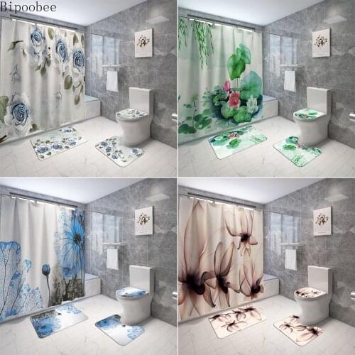 Bipoobee Beautiful Flowers Fabric Shower Curtains Waterproof Lotus Bathroom Curtain Pedestal Rug Lid Toilet Cover Bath Mat Set