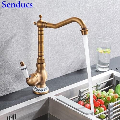 Senducs Fashion Antique Kitchen Faucet Single Ceramic Handle Antique Bathroom Mixer Tap Quality Brass Antique Kitchen Mixer Tap