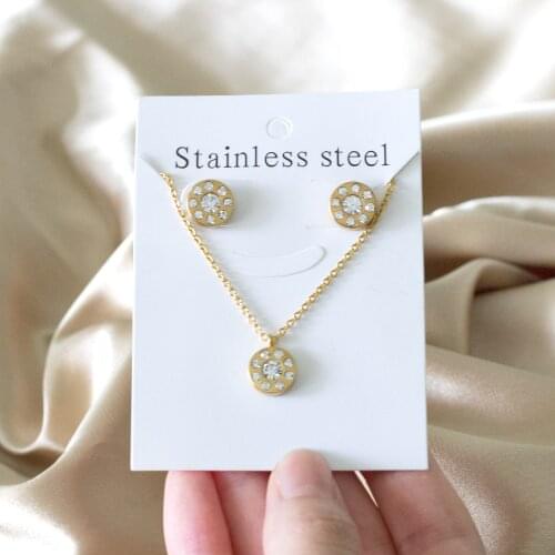 Round Pendant Necklace and Earrings Set with Cubic Zirconia Stainless Steel Jewelry Set for Women Daily Wear Party Gift