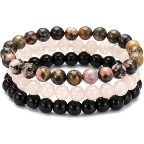 Natural 8mm Black Onyx Rhodonite Rose Quartzs Stone Beaded Bracelet Sets Wrist 3Pcs/Sets Mala Women Mens Bracelets Sets
