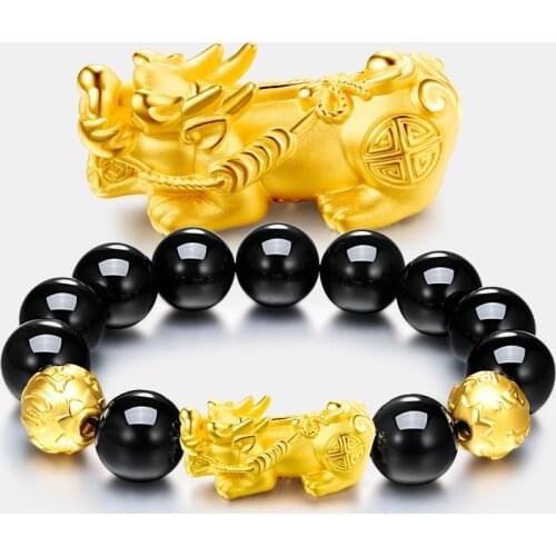 Real 24K Yellow Gold Bracelet /Man Woman 3D Lucky Pixiu Link 12mm Maxim Bead Chain