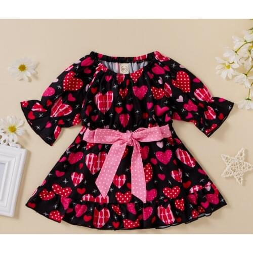 New Girls Holiday Birthday Party Holiday Dancing Dress Round Neck Heart-Shaped Print Bow Dress Fashionable And Sweet