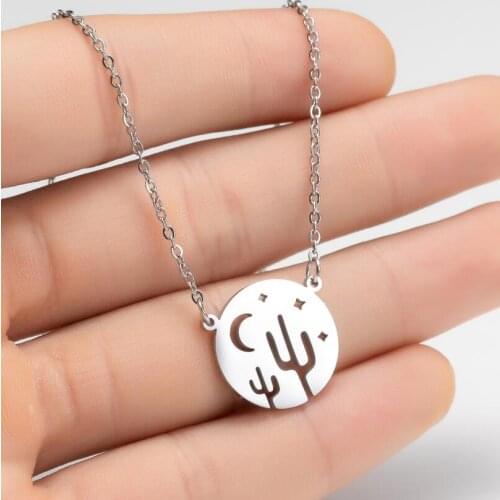 Korean Gold Stainless Steel Cactus Necklace Round Crescent Moon Star Pendants Jewelry For Women Sweater Choker Christmas Gift