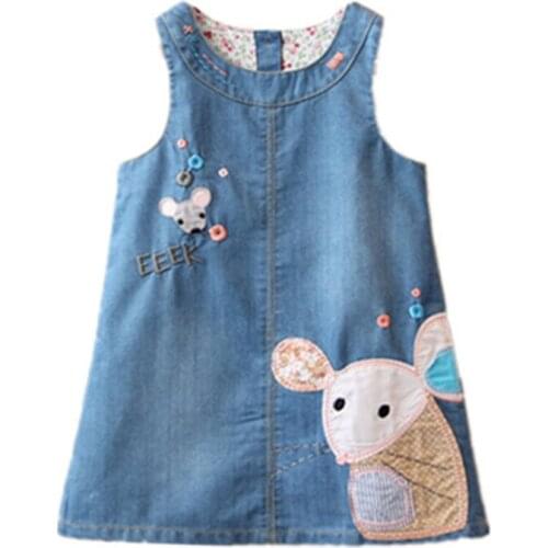 Fall Girls Denim Vest Dress Cute Cartoon Mouse Embroidery Patterns Kids Clothes New Clothing Style Childrens Clothing 1-5 yrs