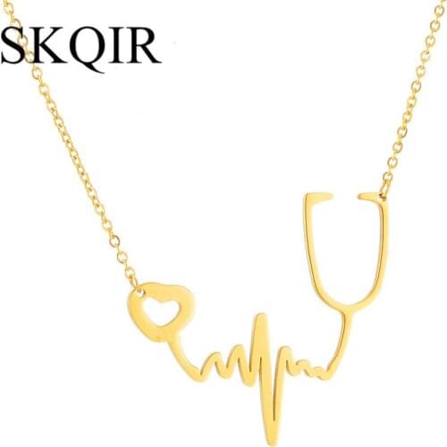 Hollow Heart Wave Line Pendant Stethoscope Heartbeat ECG Dangle Stainless Steel Heartbeat Necklace For Women Choker Jewelry Gift