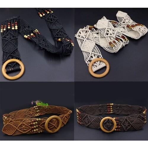 Hand-woven Wood Beads Belt Ethnic DecorationAdjustable Belt For Womens Elegant Waistband Lady Dress Pants Clothing Accessories
