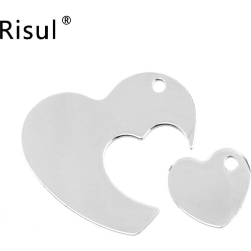 Risul Heart in heart Pendant for Lovers' Necklace 2 in 1 couples charms DIY print mirror polish Stainless steel wholesale 50pcs