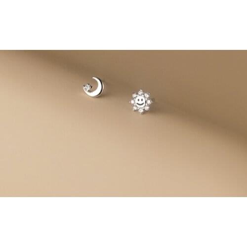 Asymmetry Earrings 5mm Tinny Authentic 925 Sterling Silver Jewelry 4A+ CZ Set Moon Sun ear stud Earrings Piercing C-G9460