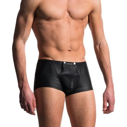 New Mens Low Waist Boxer Underwear Sexy Silky Leather Shorts Pants Fashion Button Sexy Male Boxer Underwear Black