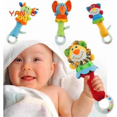 YANUO Toddler Baby Cotton Animal Elephant Hand Bell Toys Transparent Teether Hanging Baby Girls Boys Toys Hand Bell Stick Toy