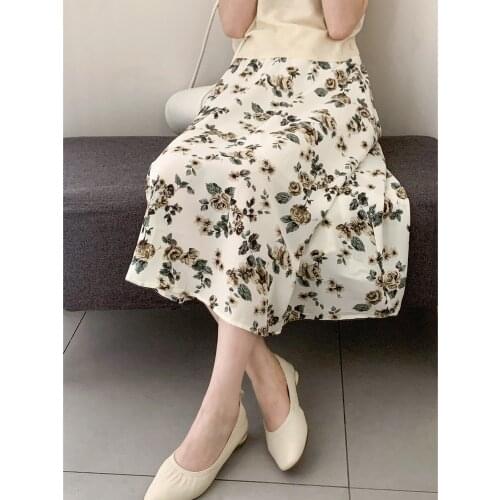 High Waist Floral Print Skirt Womens 2021 Summer New Korean Retro Print Loose A-line Midi Skirt 9580