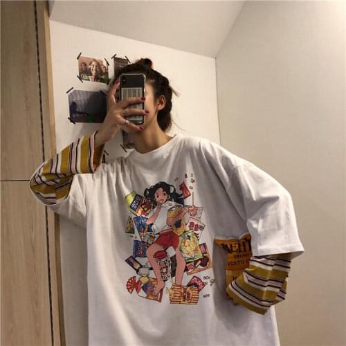 Fake two-piece female loose autumn all-match mid-length print long-sleeved t-shirt bottoming tide