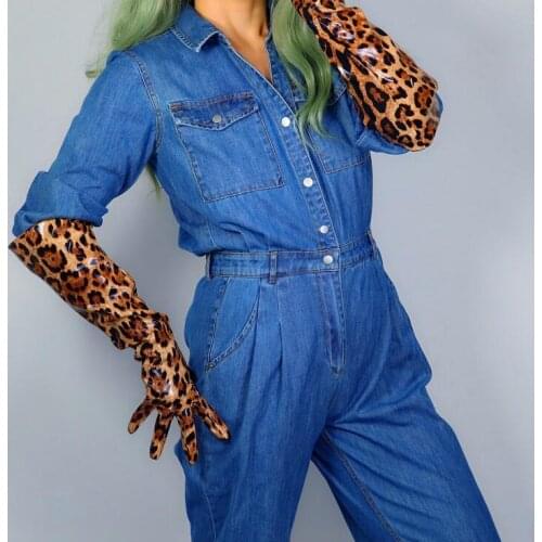 Womens runway fashion leopard print PU leather glove ladys club performance formal party leather long wide glove 50cm R3021