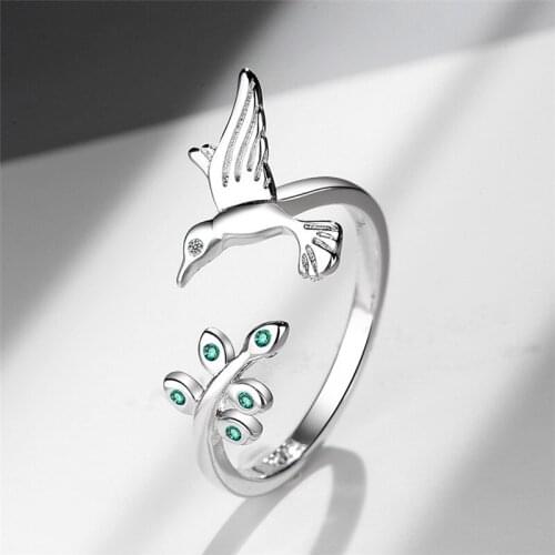 Womens Girls Cute Fresh Bird And Branches Inlaid Green AAA Zircon Open Style Ring Fashion Jewelry Gifts R0744
