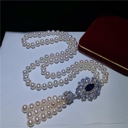 Womens Retro Natural Pearl Necklace Long temperament inlay zircon tassel necklace Girl Gifts 32inch
