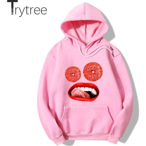 Trytree 2020 Winter Casual Womens Hoodies Fleece Liner Drop-shoulder Sleeve Donuts Printed Streetwear Thick Tops for Women