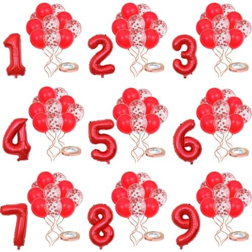 12Pcs/lot 32 Inch Red Number Foil Balloon Red Heart Confetti Balloons Valentines Day Anniversary Birthday Party Decorations Kids