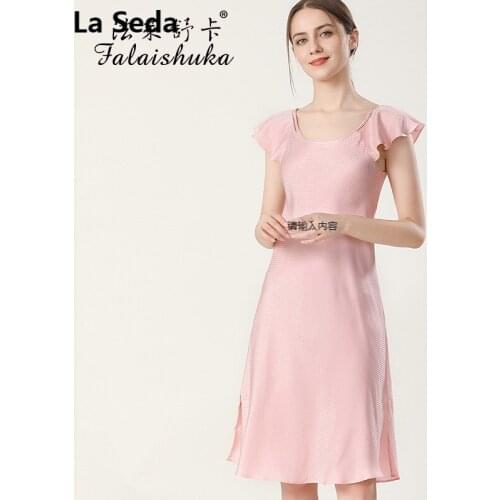 19 momme 100% Natural silk women nightgown Short sleeve sweet O-neck pink nightdress women sleepwear S5690