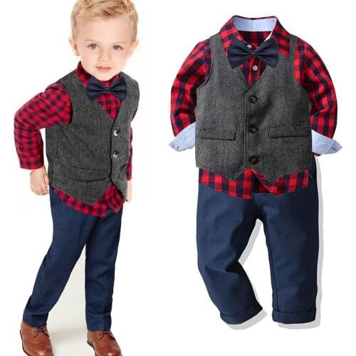 Spring&Autumn Baby Boy Gentleman Suit Plaid Shirt With Bow Tie+ Vest+Pants 3Pcs Formal Kids Clothes Set Toddler Boys Clothes