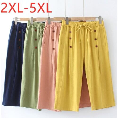 New 2021 Ladies Summer Plus Size Cropped Pants For Women Loose Casual Cotton Pink Yellow Button Pocket Trousers 2XL 3XL 4XL 5XL