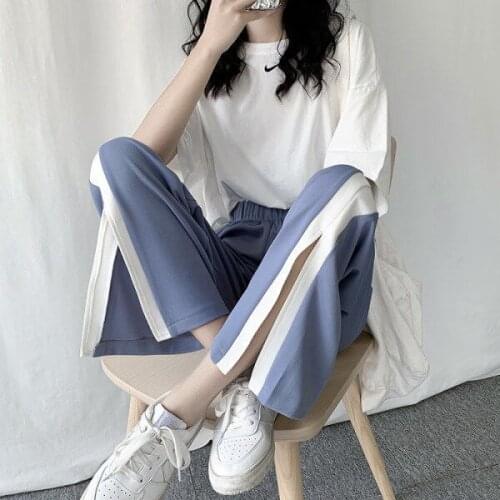 Spring and Summer New Split Wide Leg Pants Womens Ice Silk High Waist Slimming Sports Straight Chiffon Trousers Thin Mop Pants