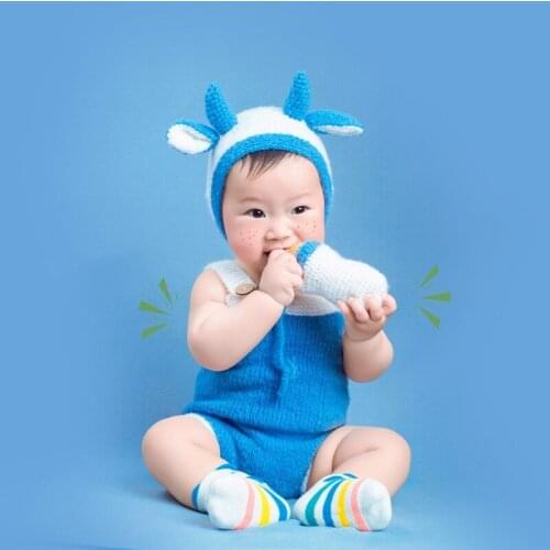 D0AF 3Pcs/Set Newborn Infant Baby Photography Props Knitted Sleevless Button Rompers with Cow Ox Hat Cartoon Milk Bottle Toy