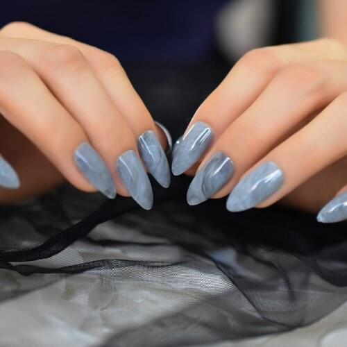 Artificial Marble Stylish Stiletto Artificial Nails Medium Gray Shiny Nail Tips Almond Full Fake Nail