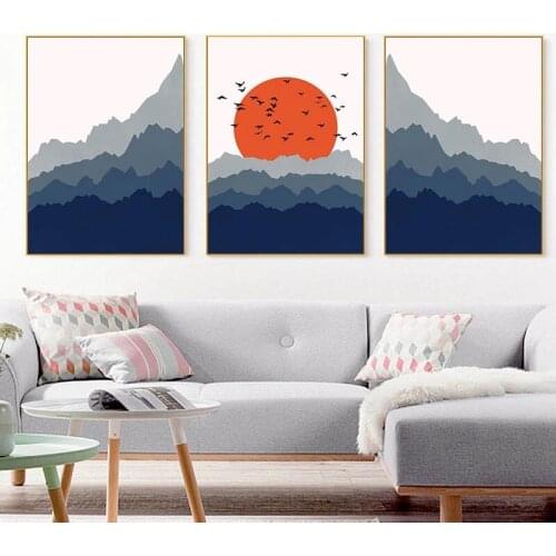 Sunrise Landscape Canvas Painting Mountains Flying Birds Wall Picture Home Decoration Red Sun Posters and Prints Room Wall Art