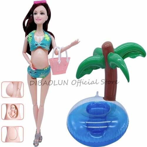 Summer fashion bikini swimsuit big belly pregnant woman doll + coconut tree inflatable swimming ring childrens toy accessories