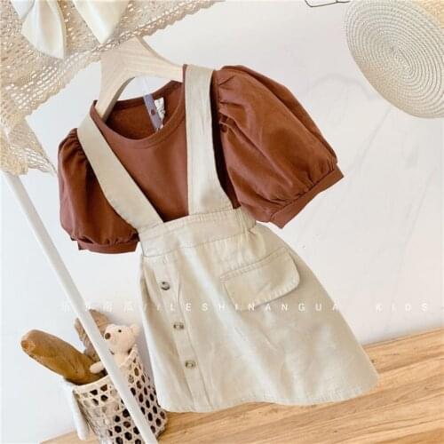 Girls 2021 summer new suit net red female baby Korean version of the bubble sleeve T-shirt suspender skirt short skirt