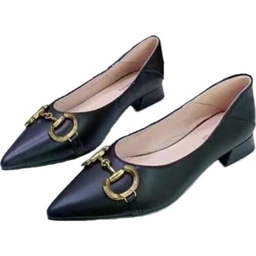 Genuine Cowhide Leather Shoes Women Low Square Heel Loafers Fashion Horse-bit Decoration Luxury Pig Skin Lining 2021 New