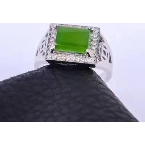 New Real Certified Natural Hetian Jasper Nephrite 925 Sterling Silver Mens Lucky Amulets Green Jade Ring High Quality