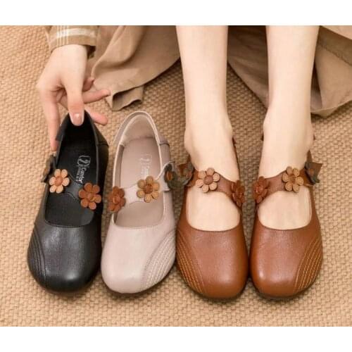 New Classic Flowers Fashionable Shoes Women Leather Shoes Flat Soft Sole Comfortable Shoes Large Size Trendy Shoes